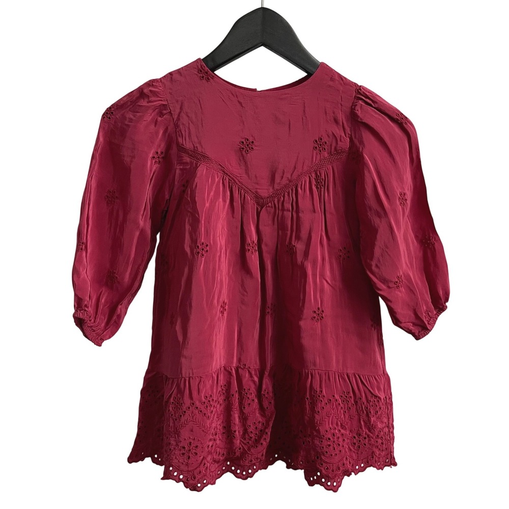 Zara Kids Burgundy Embroidered Eyelet Peasant‎ Silky Dress 4-5 Years